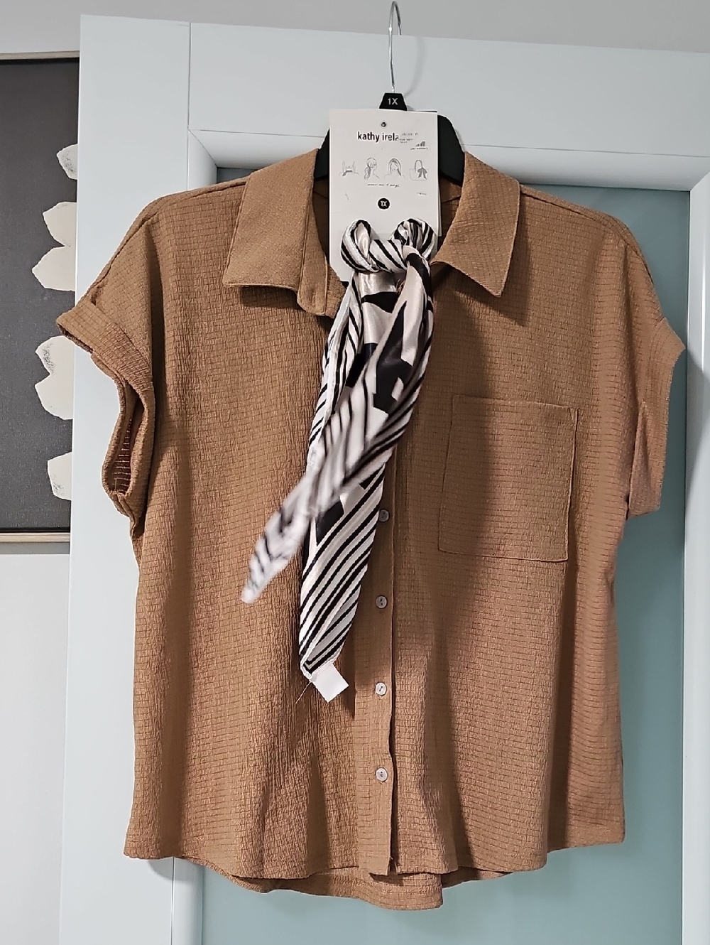 kathy ireland Camel Short Sleeve Button Front Top with Black & White Scarf